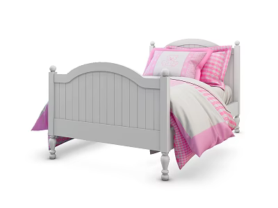 Kids Wooden Bed with Arched Headboard Pink White Bedding Plaid Pattern 3d model