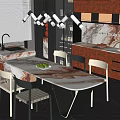 Modern Restaurant Kitchen Interior With Marble Island Chairs Pendant Lights And Cabinets