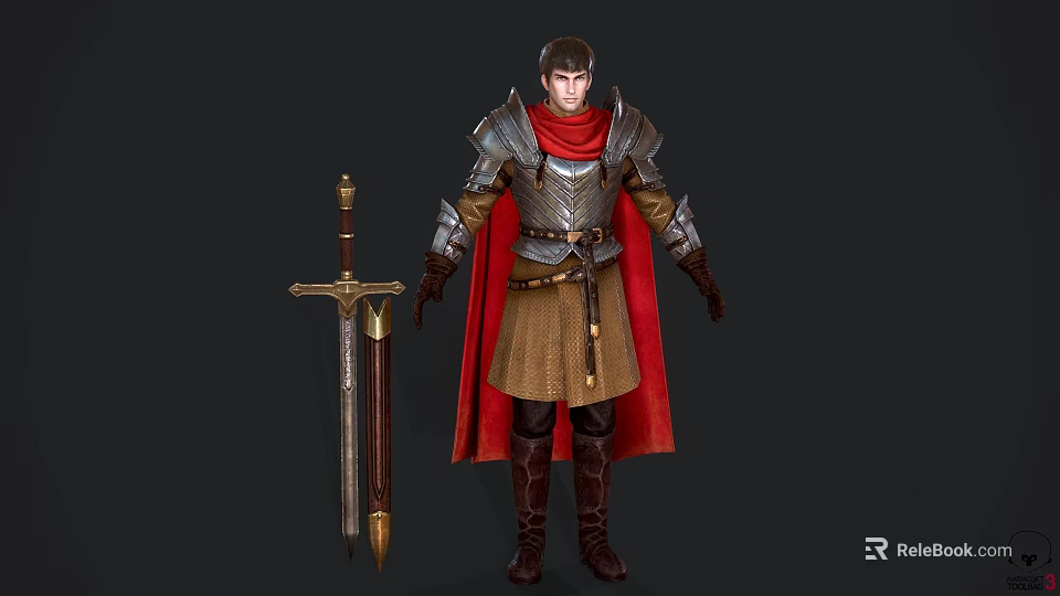 Game Movie Character In Medieval Armored Outfit With Red Cape And Decorative Sword 3d model 