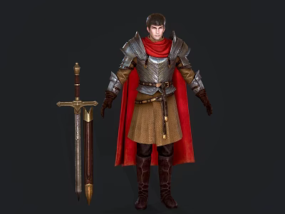 Game Movie Character In Medieval Armored Outfit With Red Cape And Decorative Sword 3d model