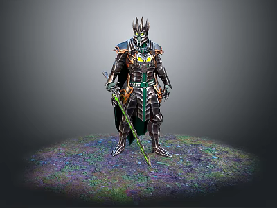 Man In Elaborate Mythical Armor Standing With Ornate Helmet Cloak Green Sword On Colorful Ground 3d model