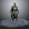 Man In Elaborate Mythical Armor Standing With Ornate Helmet Cloak Green Sword On Colorful Ground
