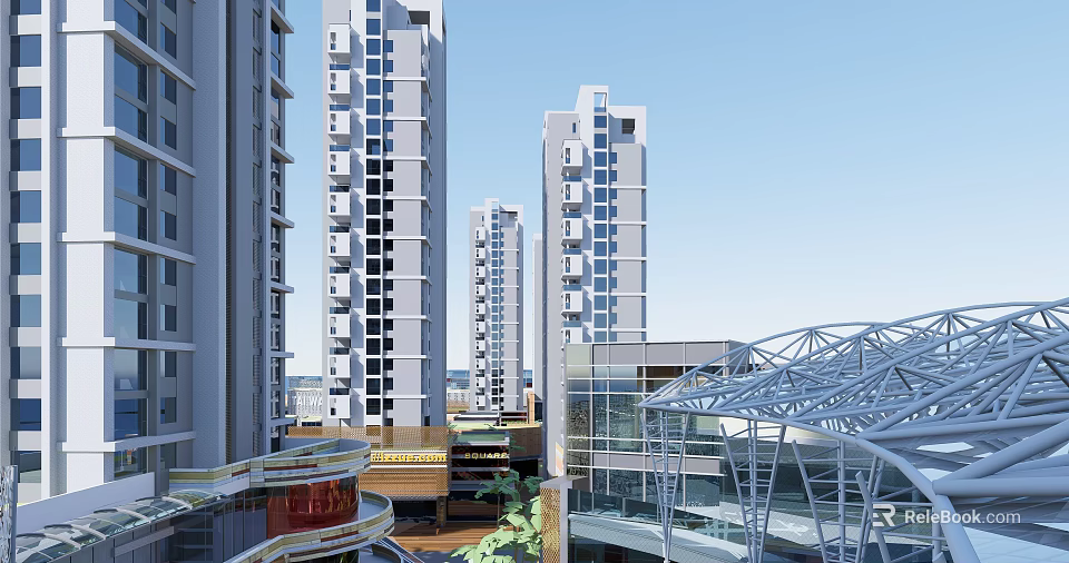 Modern Commercial Street With High Rise Buildings And Glass Dome Structure 3d model 