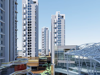 Modern Commercial Street With High Rise Buildings And Glass Dome Structure 3d model