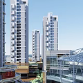 Modern Commercial Street With High Rise Buildings And Glass Dome Structure