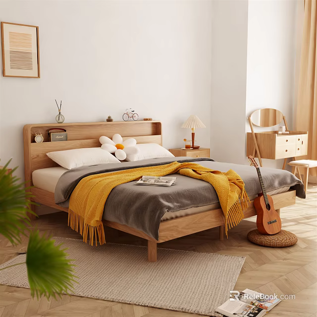 Cozy Wooden Double Bed in Bright Bedroom with Gray Yellow Blankets Nightstand Lamp Dresser Guitar 3d model 
