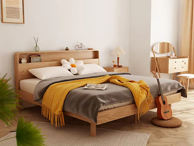 Cozy Wooden Double Bed in Bright Bedroom with Gray Yellow Blankets Nightstand Lamp Dresser Guitar 3d model