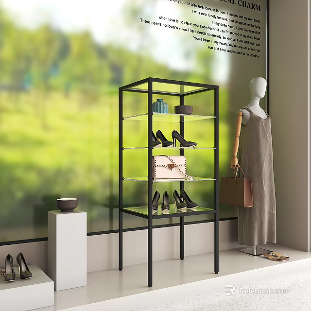 Stylish Retail Window Display With Black Metal Shelf High Heels Bags And Dressed Mannequin 3d model 