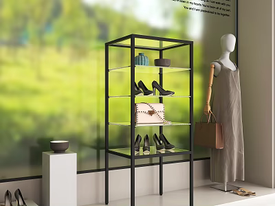 Stylish Retail Window Display With Black Metal Shelf High Heels Bags And Dressed Mannequin 3d model