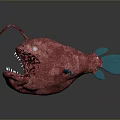 Red Angler Fish With Sharp Teeth Long Lure And Blue Fins