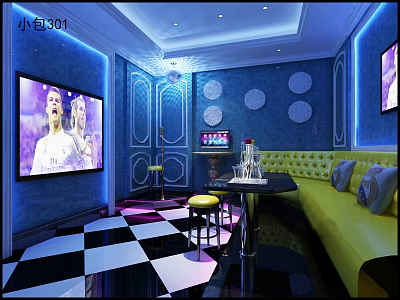 Stylish Small Private KTV Room With Blue Walls Yellow Sofa And Black White Checkered Floor 3d model