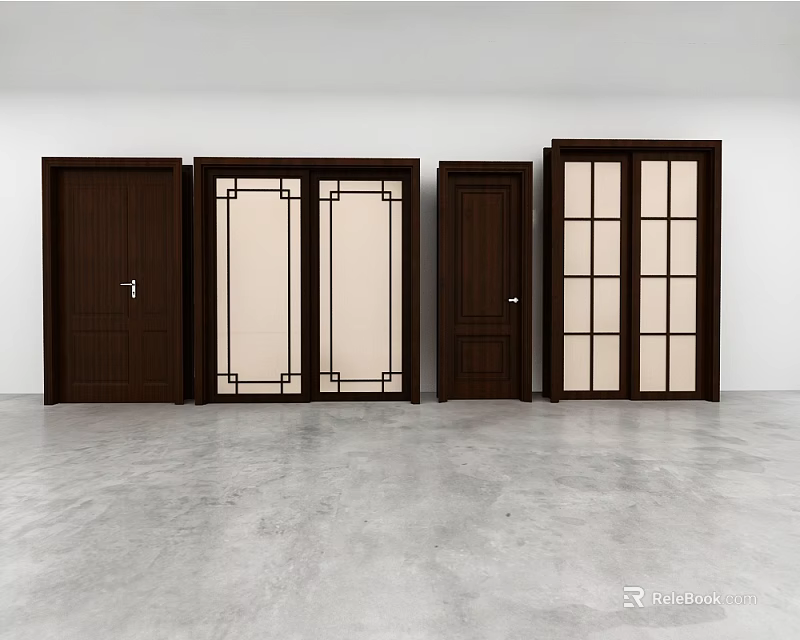 Dark Wood Hinged Doors With Glass Panels And Modern Design For Interior 3d model 