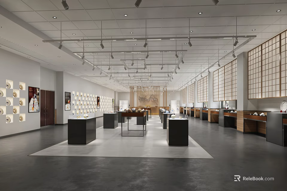 Exhibition Hall Interior With Display Stands Wall Exhibits And Ceiling Lighting 3d model 