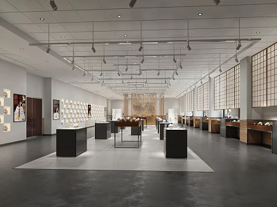 Exhibition Hall Interior With Display Stands Wall Exhibits And Ceiling Lighting 3d model