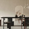 Modern Black Dining Table Set With Wooden Chairs Vase Candles And Pendant Light