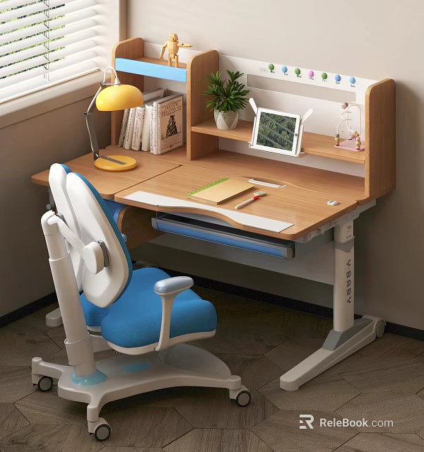 Wooden Study Desk With Blue White Chair Yellow Lamp Tablet Potted Plant And Stationery 3d model 