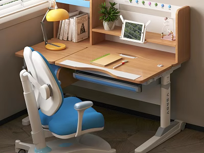 Wooden Study Desk With Blue White Chair Yellow Lamp Tablet Potted Plant And Stationery 3d model