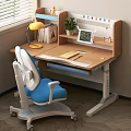 Wooden Study Desk With Blue White Chair Yellow Lamp Tablet Potted Plant And Stationery