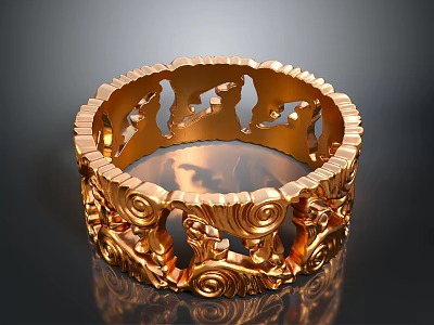 Decorative Golden Circular Household Item With Intricate Animal And Scroll Carvings For Home Decoration 3d model