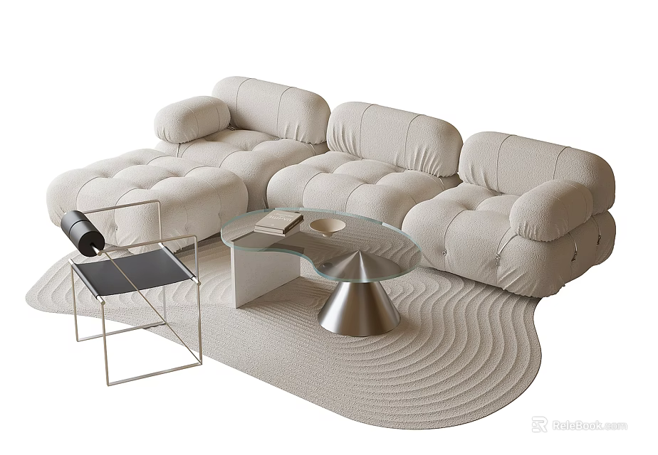 Beige Tufted Sofa and Glass Coffee Table Set with Wavy Rug and Metal Chair 3d model 