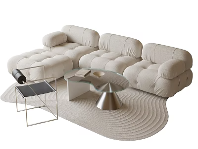 Beige Tufted Sofa and Glass Coffee Table Set with Wavy Rug and Metal Chair 3d model