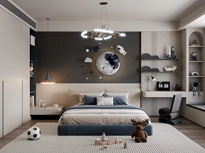 Modern Kids' Room Interior With Blue Bed Soccer Ball Bookshelf Chandelier And Toys 3d model