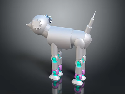 Silver Metallic Robotic Dog Featuring Mechanical Leg Structure Colorful Green Pink Parts And Reflective Surface 3d model