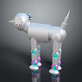 Silver Metallic Robotic Dog Featuring Mechanical Leg Structure Colorful Green Pink Parts And Reflective Surface