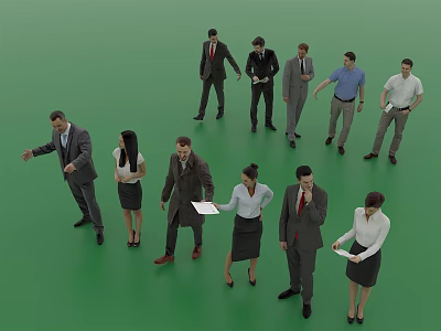 Group of Business Professionals Interacting in Formal Attire Holding Documents on Green Background 3d model
