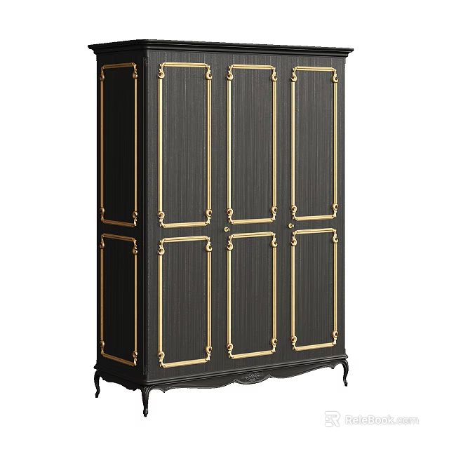 Elegant Black Wardrobe With Golden Lines And Multiple Doors On Legs 3d model 
