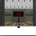 Front Desk Reception Area in Two Story Lobby with Digital Screen Statue and Ceiling Lights