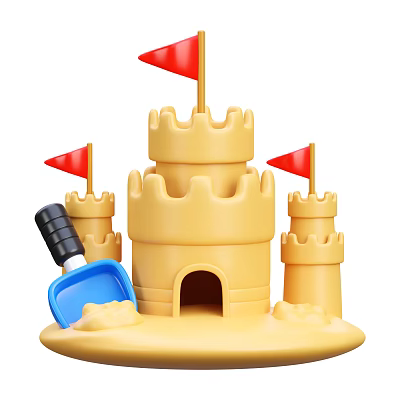 Sandcastle With Multiple Towers Red Flags And Blue Shovel On Sand Base 3d model