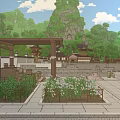 Ancient Chinese Architecture Interior Featuring Wooden Structure Carved Decorations Blue Curtains Round Table And Chairs