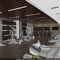 Modern Fitness Gym Interior With Wooden Floor Ceiling Lights Workout Equipment And Bar Counter