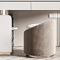 Modern Elegant White Vanity Table with Circular Mirror Striped Wall Lamps Floral Vase Photo Frame