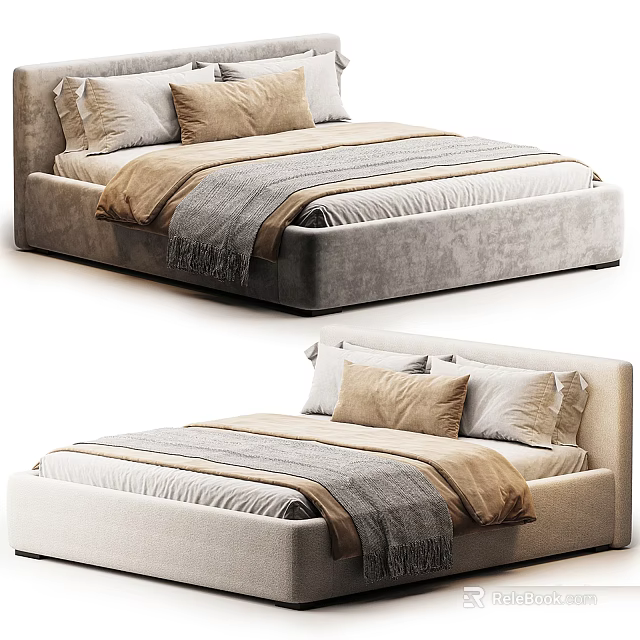 Modern Upholstered Double Bed With Gray Beige Pillows And Cozy Blanket 3d model 