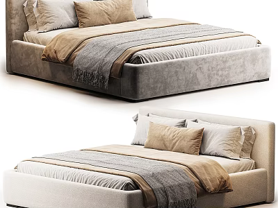 Modern Upholstered Double Bed With Gray Beige Pillows And Cozy Blanket 3d model