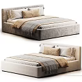 Modern Upholstered Double Bed With Gray Beige Pillows And Cozy Blanket 3d model