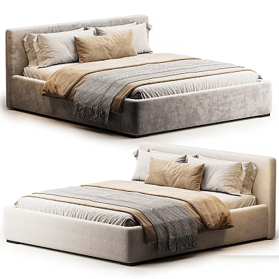 Modern Upholstered Double Bed With Gray Beige Pillows And Cozy Blanket 3d model
