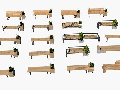 Various Wooden Landscape Seats With Plant Planters For Outdoor Gardens 3d model