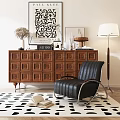 Wooden Carved Console Table With Decorative Vase Sculpture Frames Clock And Black Leather Chair