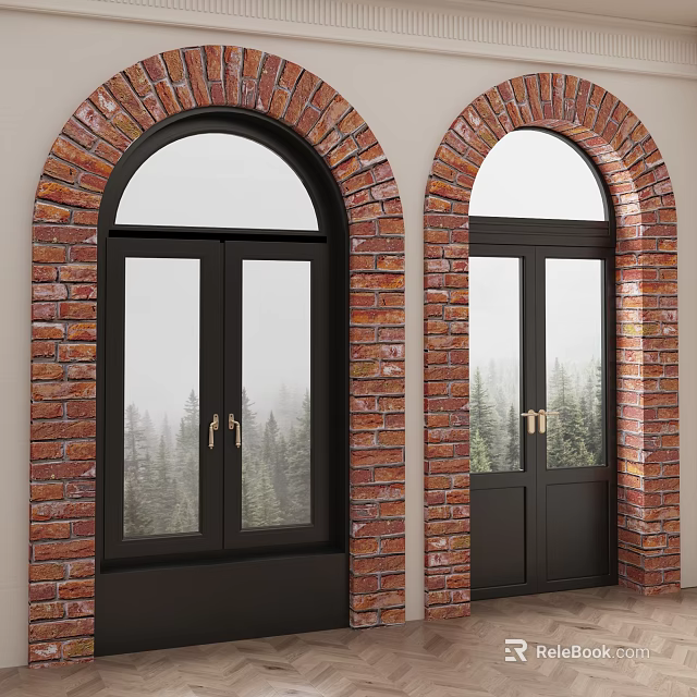 Black Casement Windows In Red Brick Arched Frames With Scenic Forest View 3d model 