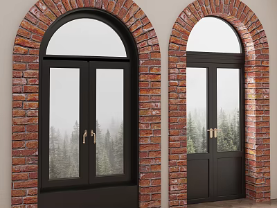 Black Casement Windows In Red Brick Arched Frames With Scenic Forest View 3d model