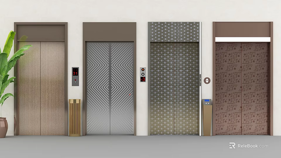 Public Facility Elevators With Various Door Designs And Control Panels 3d model 