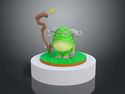 Green Creature Character With Big Eyes Holding Stick And Yellow Flower On White Base 3d model