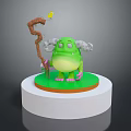 Green Creature Character With Big Eyes Holding Stick And Yellow Flower On White Base