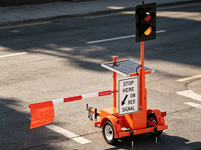 Orange Mobile Traffic Control Vehicle With Solar Panel Traffic Light And Stop Sign Barrier 3d model