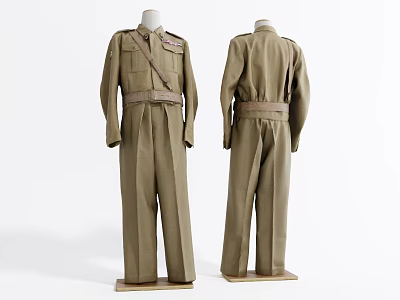 Khaki Military Uniform Mannequin Display Front And Back Views With Epaulets Waist Belt And Crossbody Strap 3d model