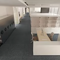 Bright Modern Public Office Space With Long Desks Computers Office Chairs And Carpet