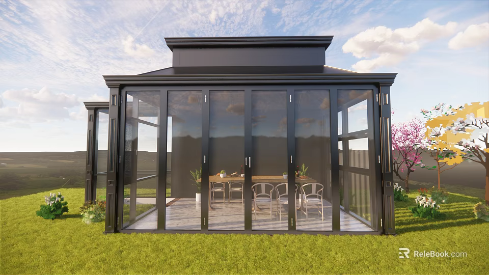 Black Framed Glass Sunroom With Interior Table Chairs And Exterior Grass Trees Blue Sky 3d model 